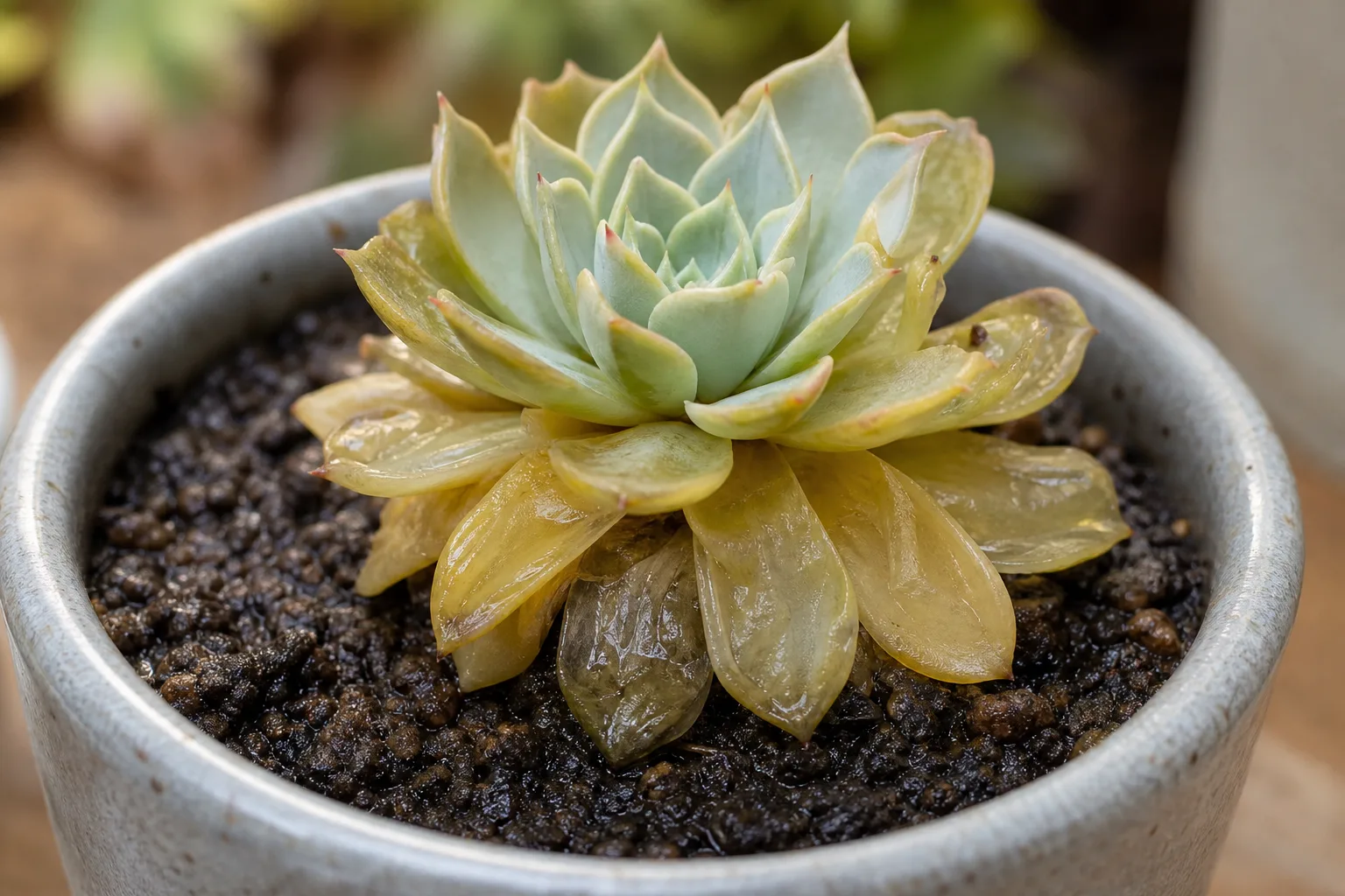 Overwatering on Echeveria - visible symptom on the plant