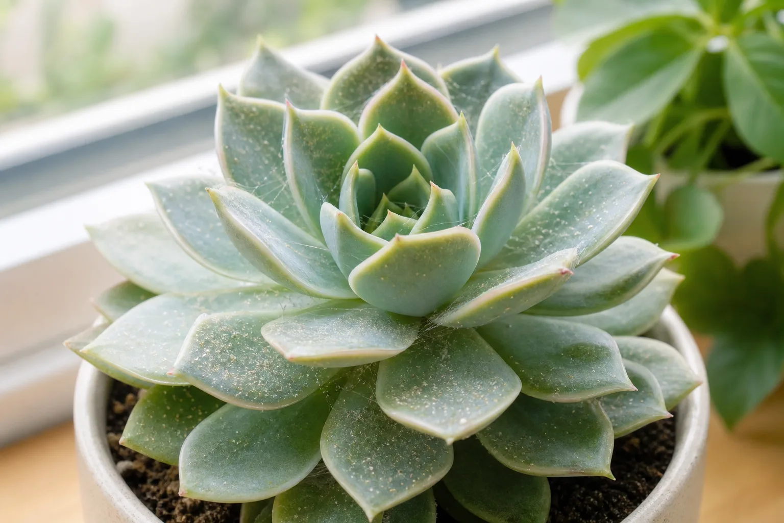 Spider mites on Echeveria - yellow pinprick stippling and fine webbing between overlapping rosette leaves