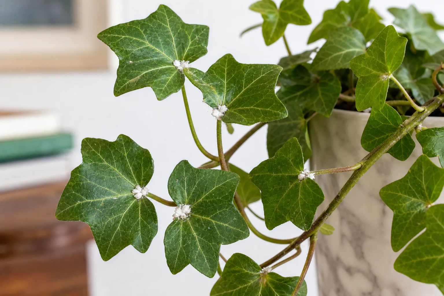 Mealybugs on English Ivy - visible symptom on the plant