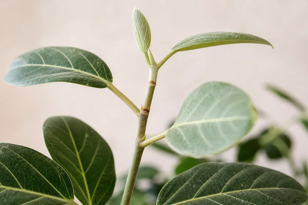 Close-up of Leggy Growth on Ficus Audrey - diagnostic detail