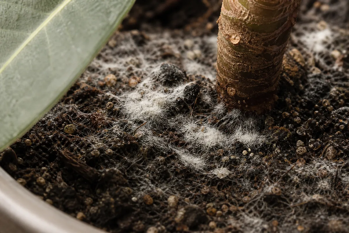 Close-up of Mold on Soil on Ficus Audrey - diagnostic detail