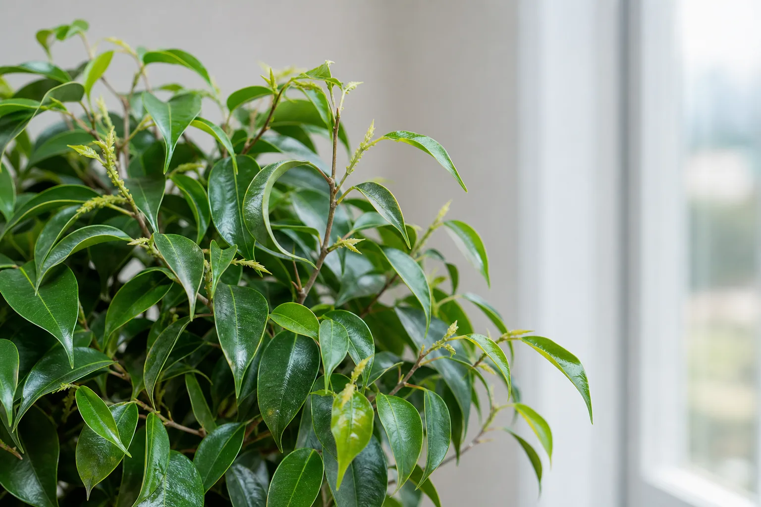 Aphids on Ficus Benjamina - clusters on new shoots with sticky honeydew on glossy leaves