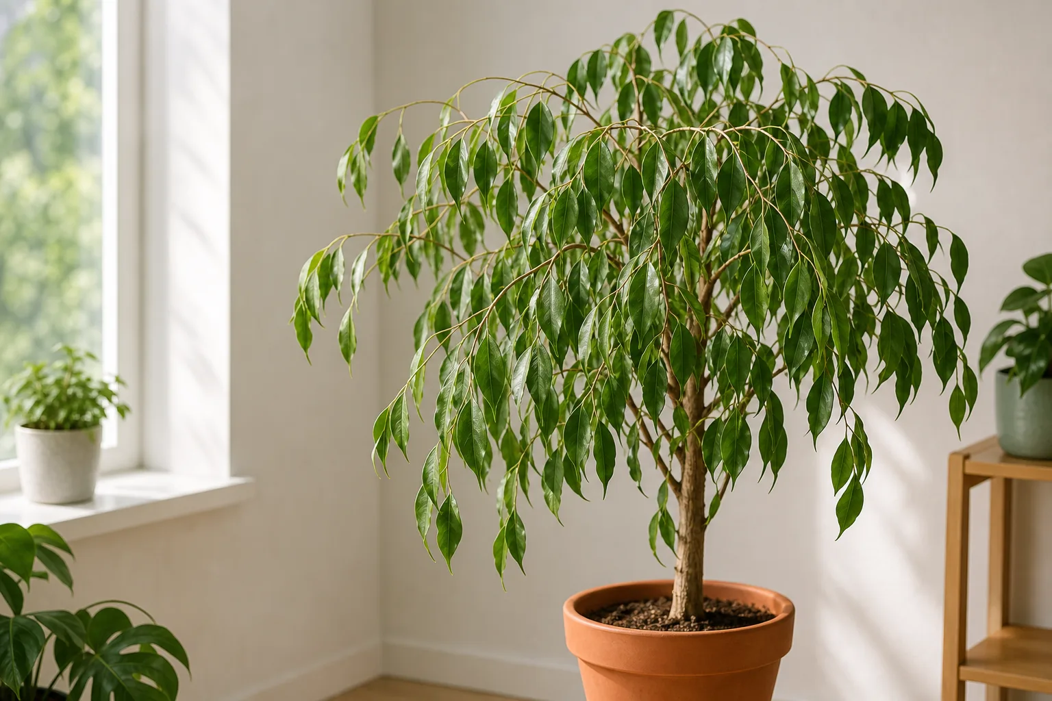 Drooping leaves on Ficus Benjamina - limp soft foliage hanging along arching branches