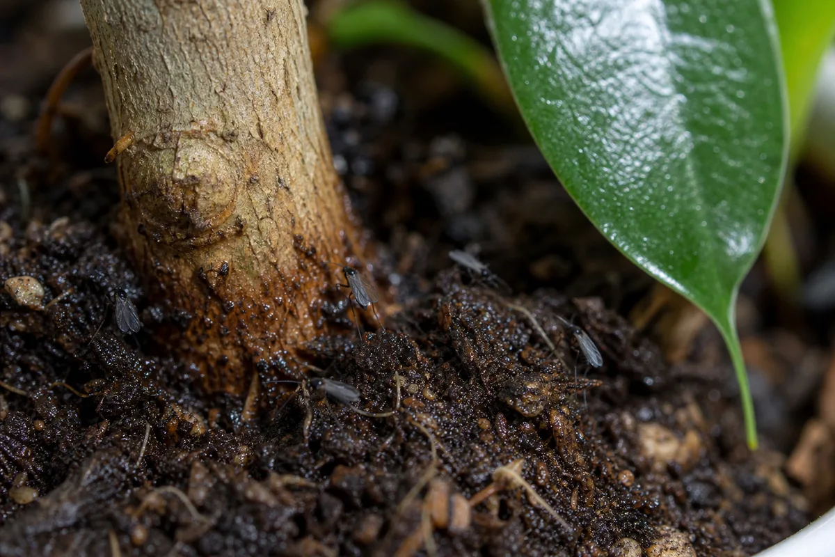 Close-up of Fungus Gnats on Ficus Benjamina - diagnostic detail