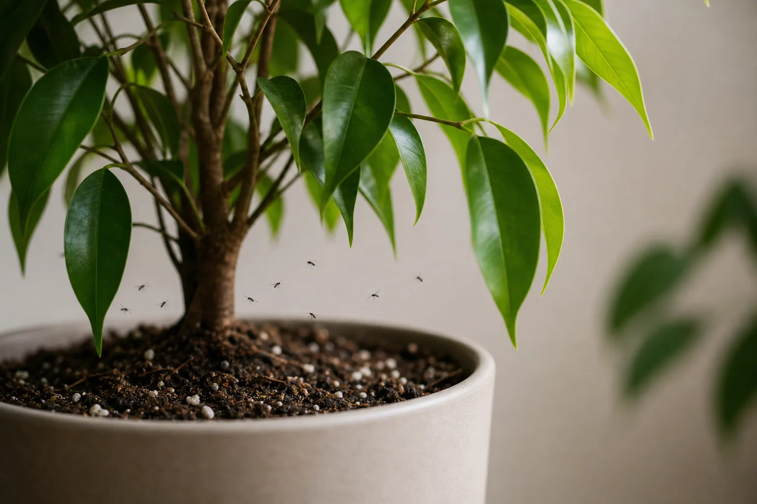 Fungus Gnats on Ficus Benjamina - visible symptom on the plant