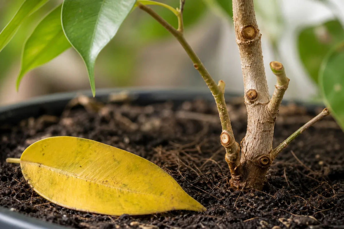 Close-up of Leaf Drop on Ficus Benjamina - diagnostic detail