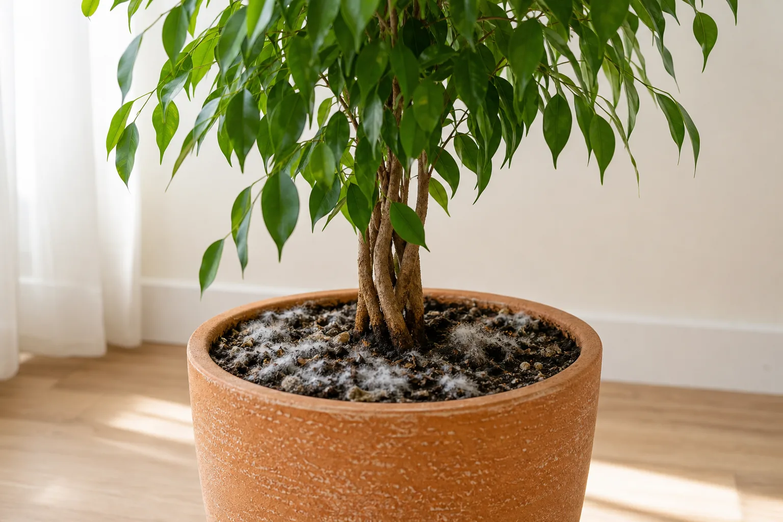Mold on soil on Ficus Benjamina - white fuzzy patches on damp potting mix surface