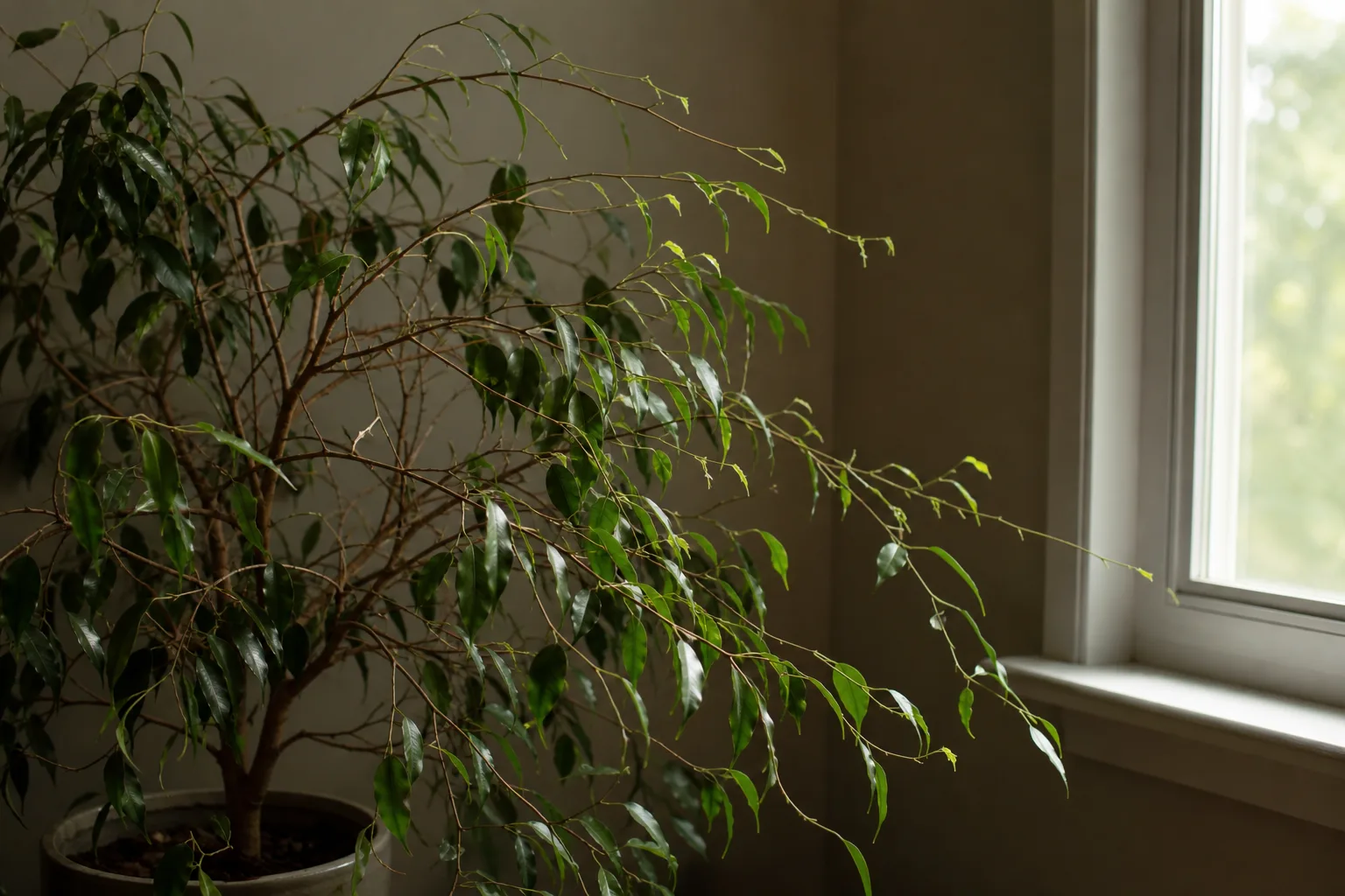 Not enough light on Ficus Benjamina - inner canopy thinning and stretched pale new growth