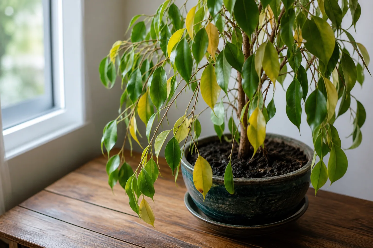 Overwatering on Ficus Benjamina - visible symptom on the plant