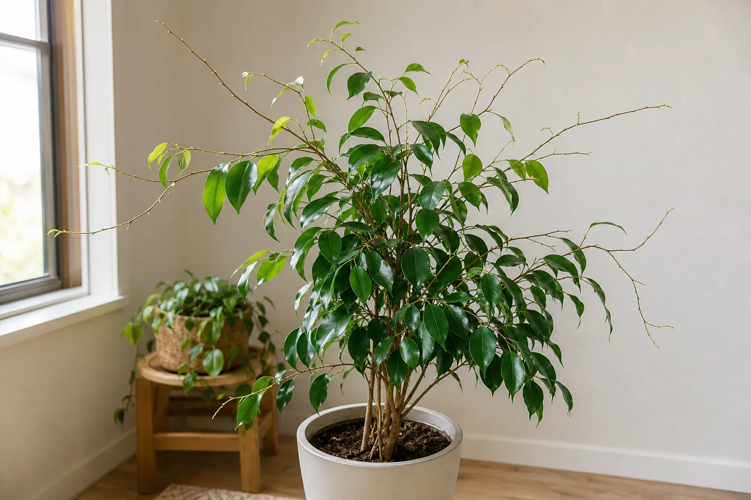 Slow growth on Ficus Benjamina - sparse new leaves and long bare gaps along branch tips