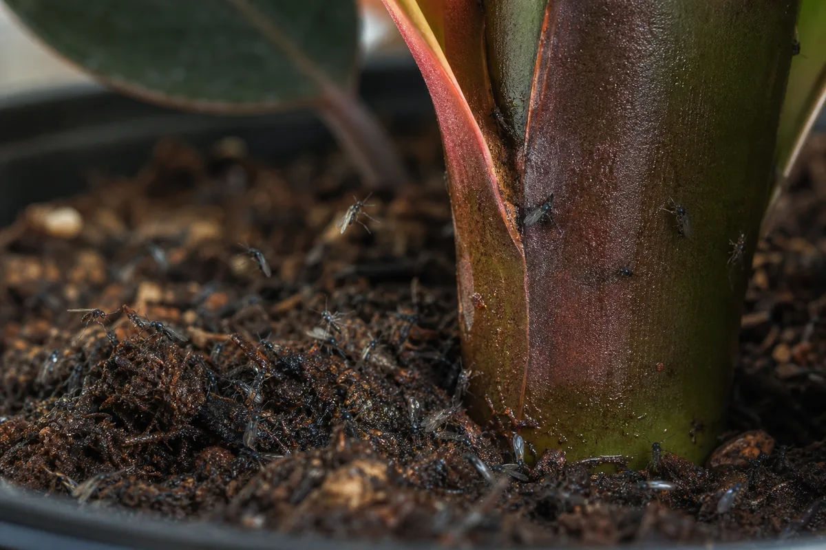 Close-up of Fungus Gnats on Ficus Burgundy - diagnostic detail