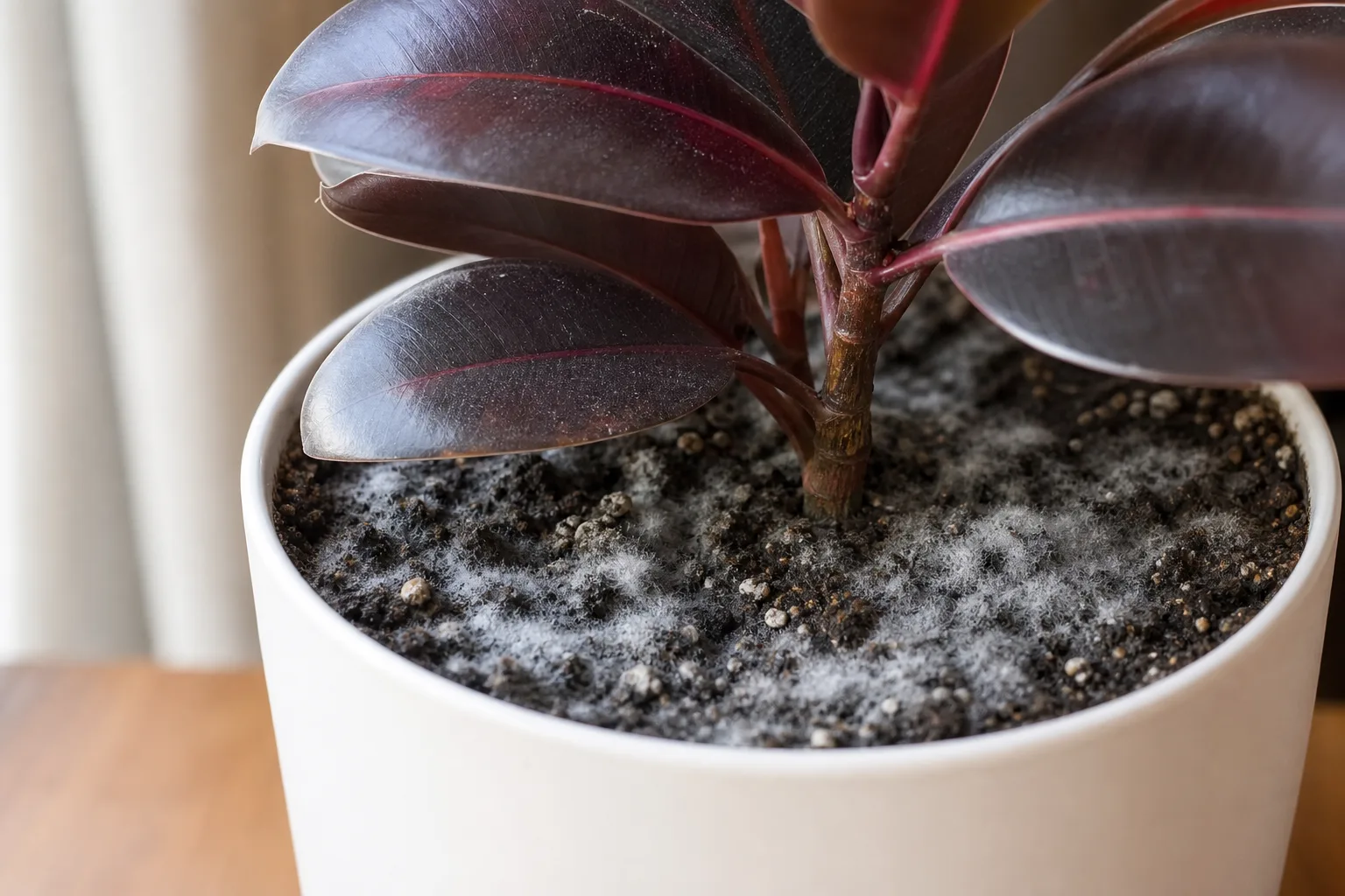 Mold on Soil on Ficus Burgundy - visible symptom on the plant