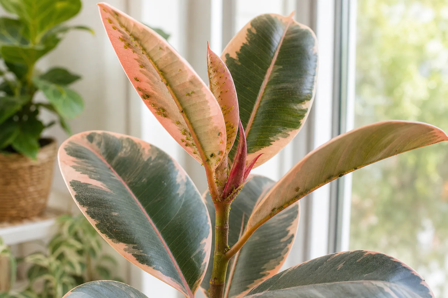 Aphids on Ficus Elastica Ruby - pear-shaped insects clustered on soft new tricolor rubber plant growth