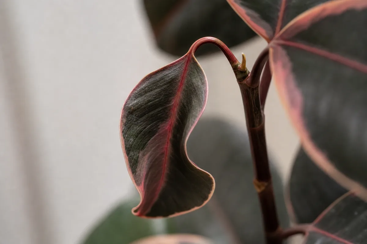 Close-up of Drooping Leaves on Ficus Elastica Ruby - diagnostic detail