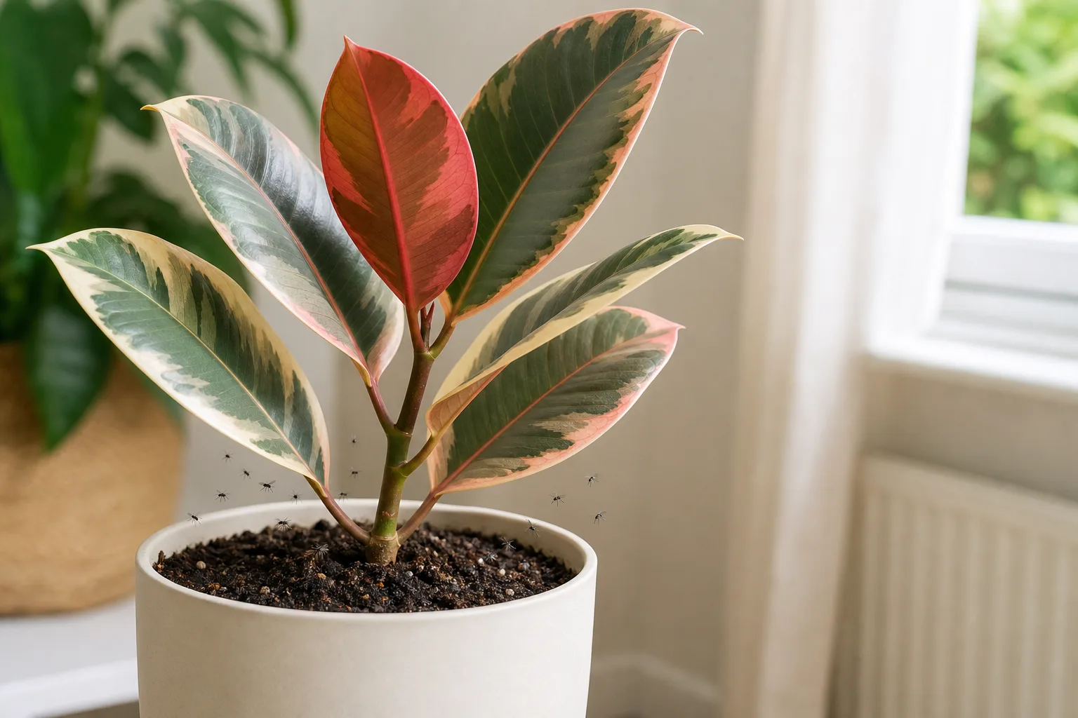 Fungus gnats on Ficus Elastica Ruby - tiny dark flies rising from damp potting soil at the base of a variegated rubber plant