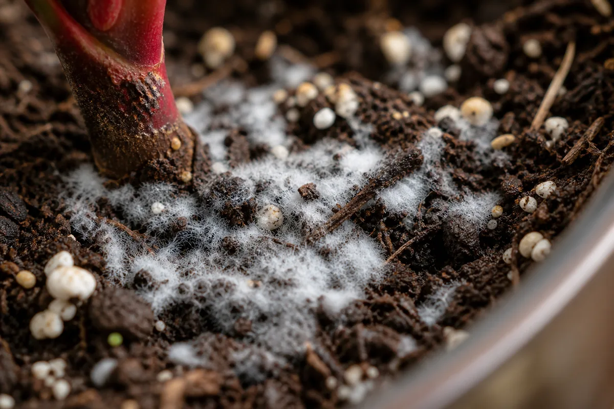 Close-up of Mold on Soil on Ficus Elastica Ruby - diagnostic detail