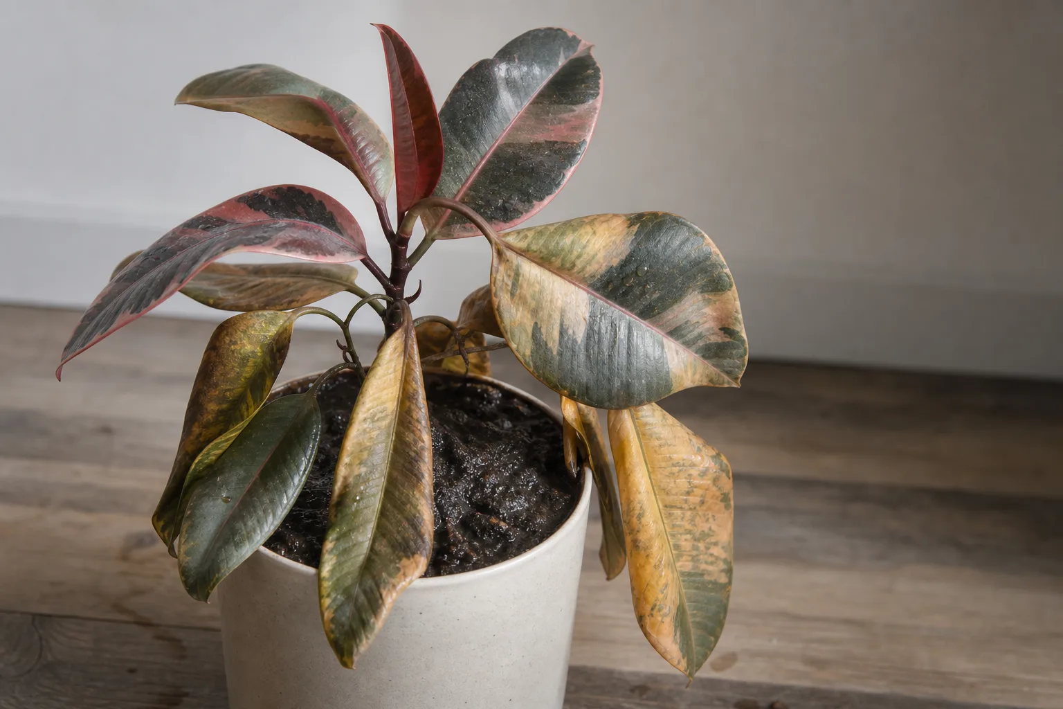 Overwatering on Ficus Elastica Ruby - visible symptom on the plant
