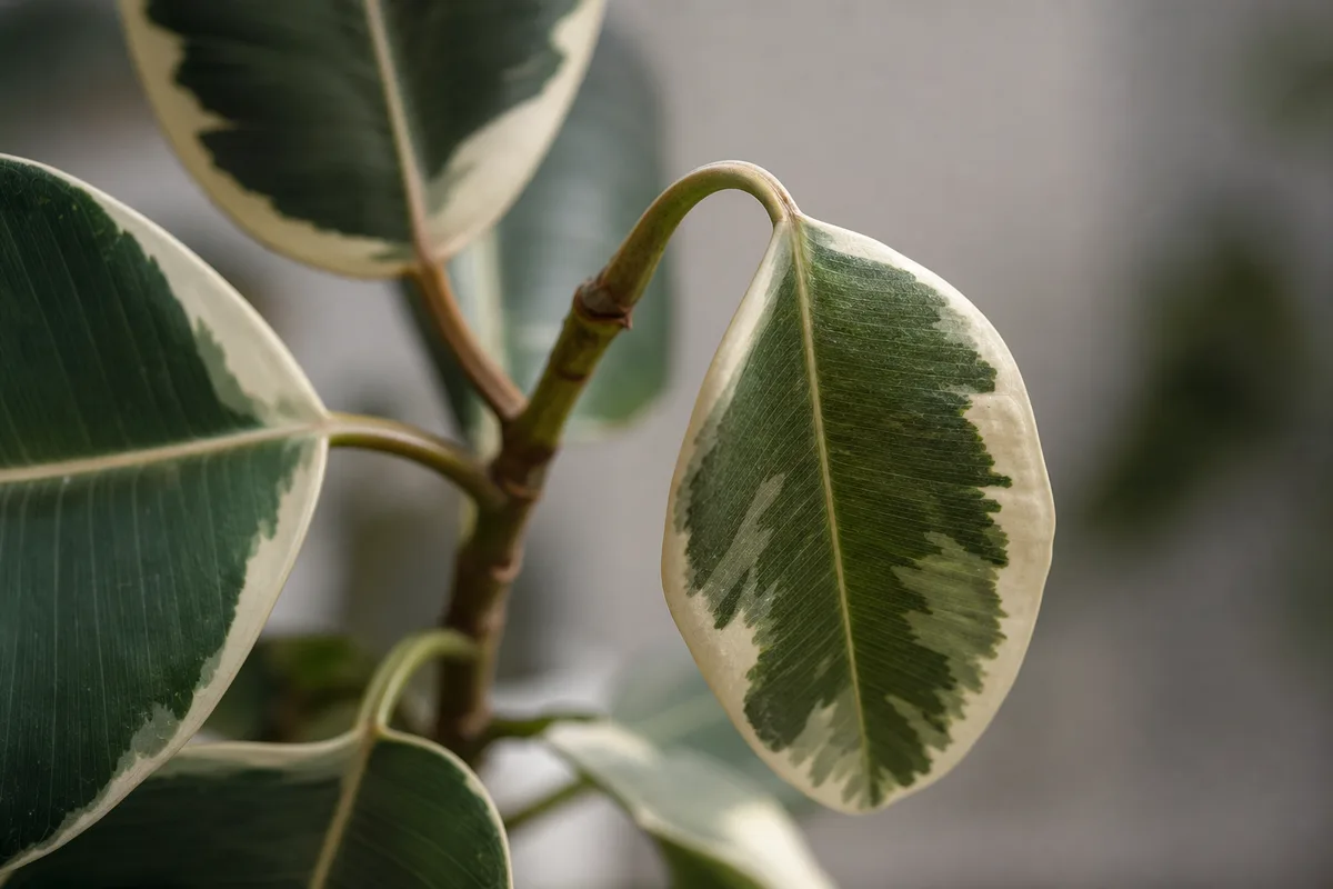 Close-up of Drooping Leaves on Ficus Tineke - diagnostic detail