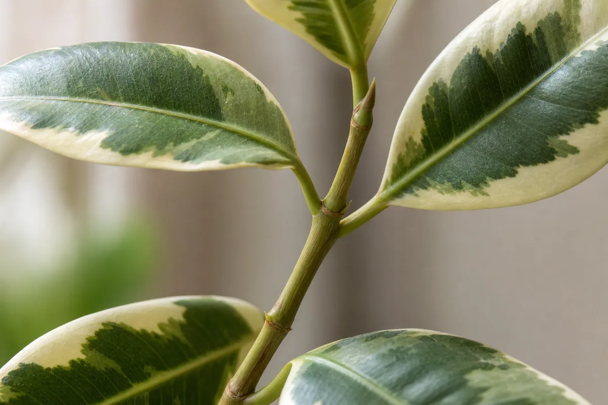 Close-up of Leggy Growth on Ficus Tineke - diagnostic detail