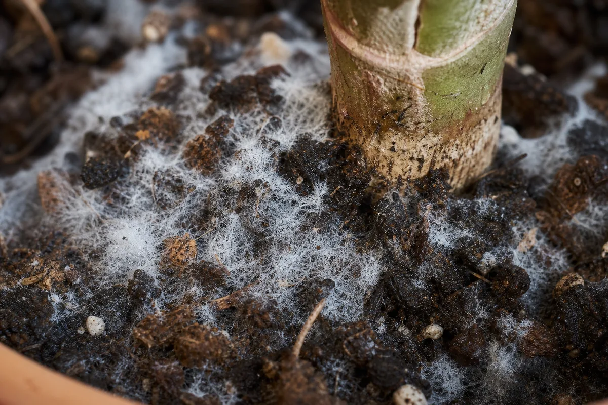 Close-up of Mold on Soil on Ficus Tineke - diagnostic detail