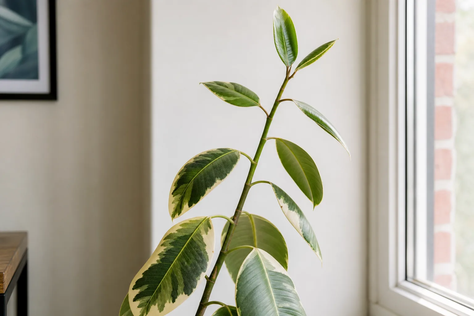 Not enough light on Ficus Tineke - stretched stem with fading cream variegation leaning toward the window