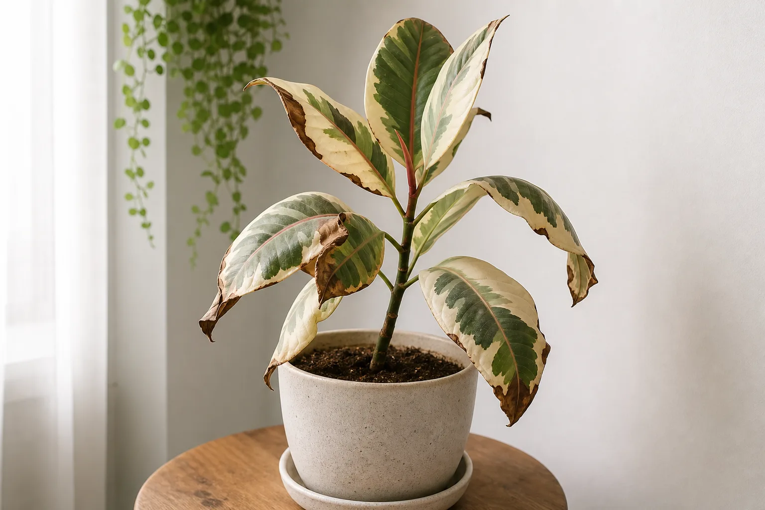 Underwatering on Ficus Tineke - limp cream-and-green leaves with crisp brown margins and dry pulled-away soil