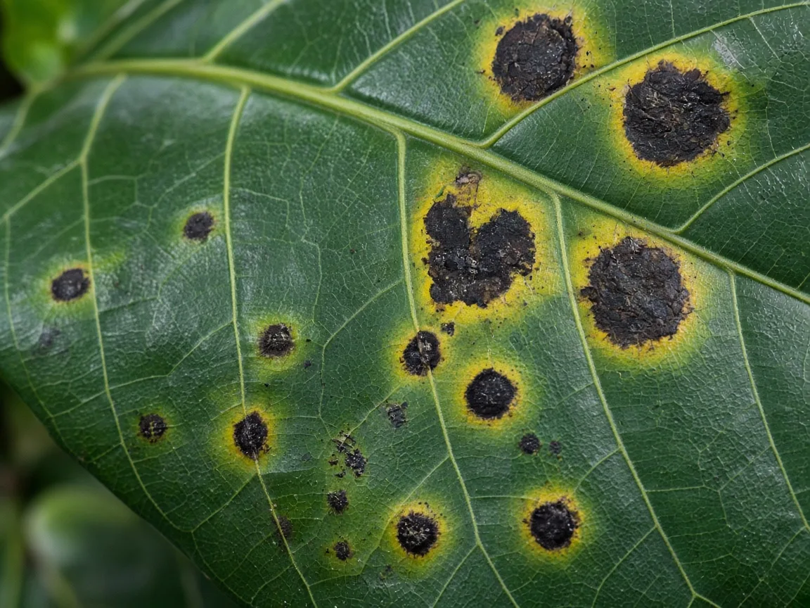 Close-up of black spots on fiddle leaf fig - diagnostic detail