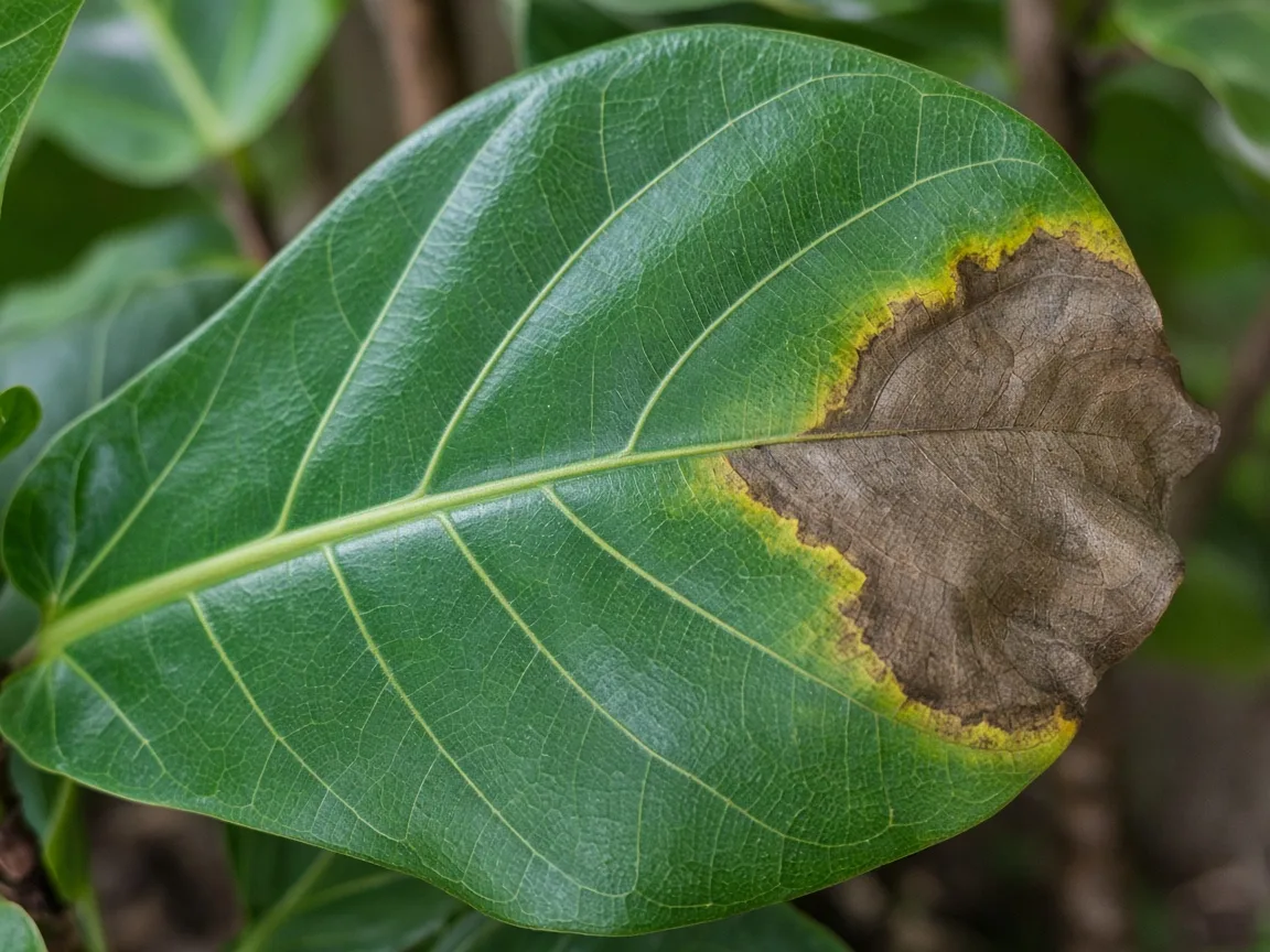 Close-up of Brown Leaves on Fiddle Leaf Fig - diagnostic detail