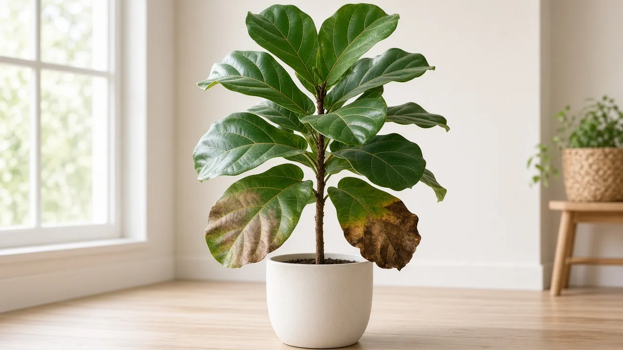 Fiddle-leaf fig with brown leaves after a mixed stress pattern