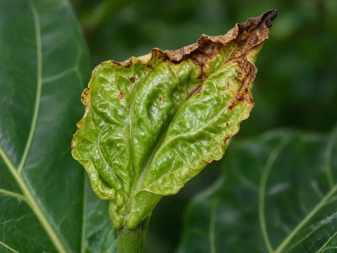 Close-up of calcium deficiency on fiddle leaf fig - crinkled distorted new violin leaf at apex