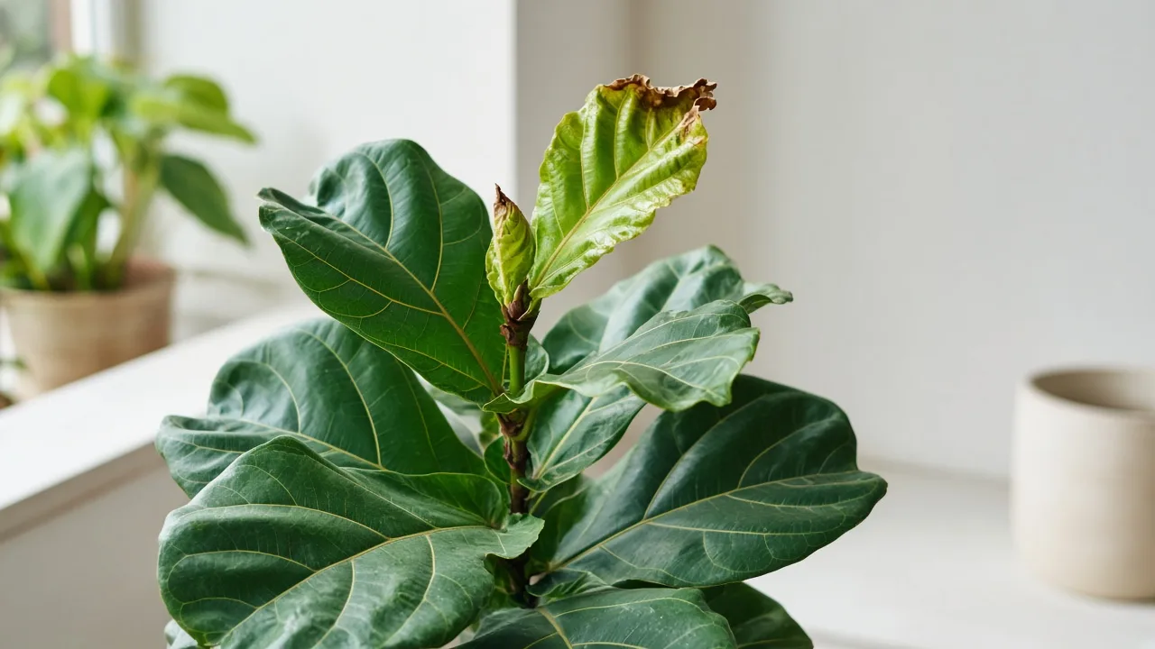 Calcium deficiency on fiddle leaf fig - distorted new violin leaf emerging from apex bud