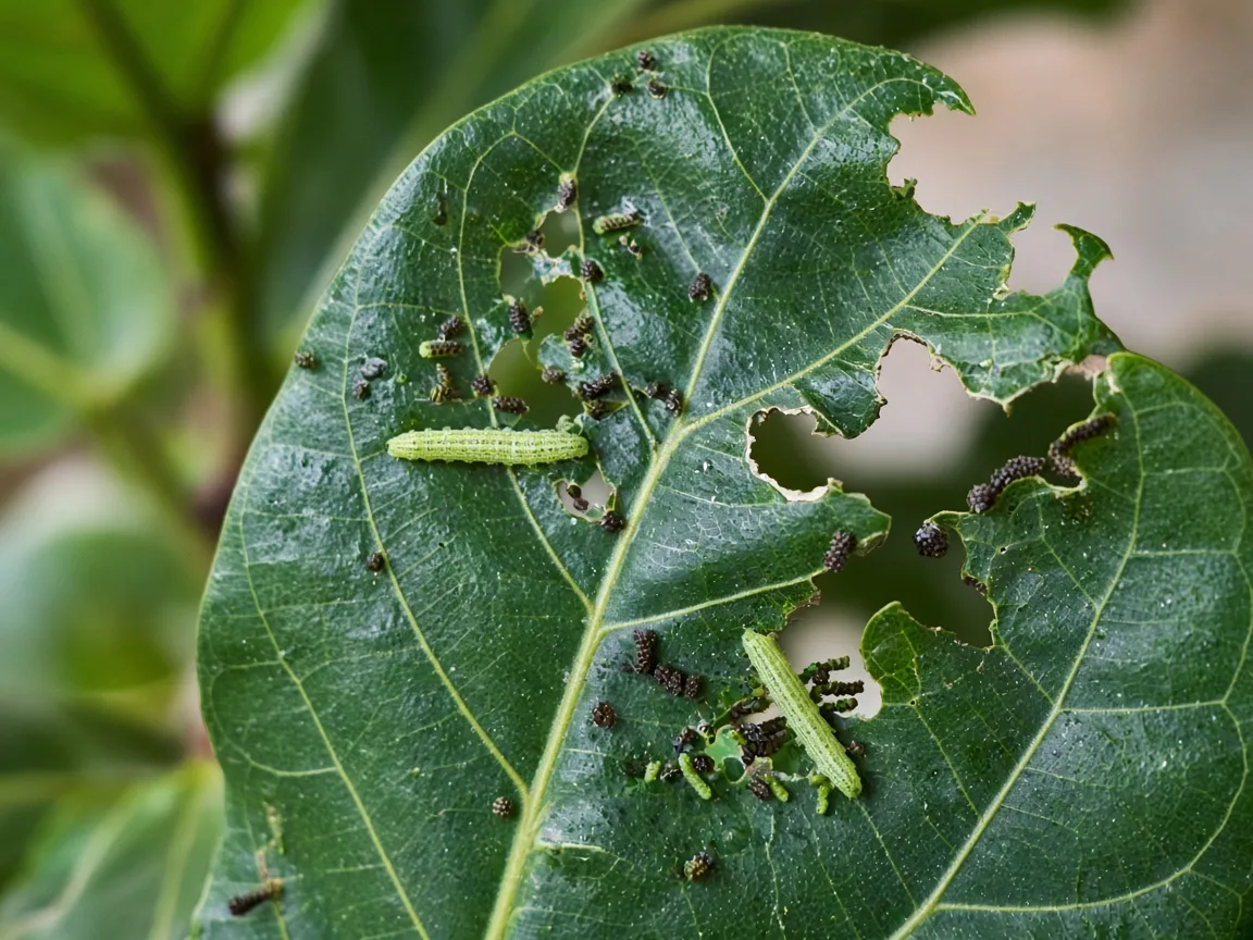 Close-up of caterpillar damage on fiddle leaf fig - irregular chewed holes on glossy violin-shaped leaf with dark frass pellets