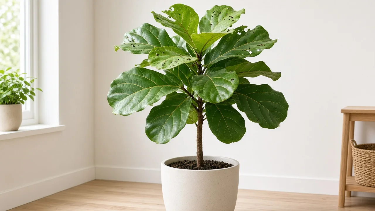 Caterpillars on fiddle leaf fig - ragged chewed holes on large violin-shaped leaves with dark frass pellets