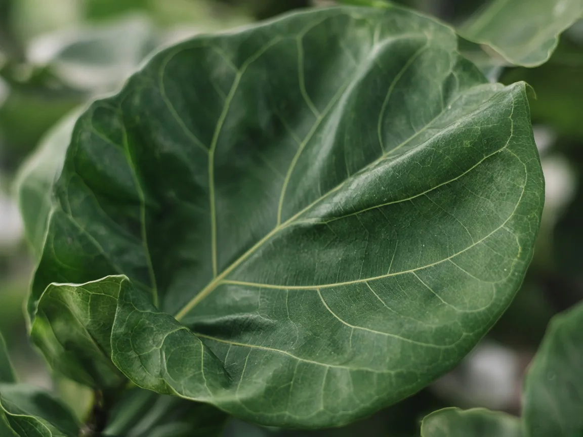 Close-up of curling leaves on Fiddle Leaf Fig - diagnostic detail