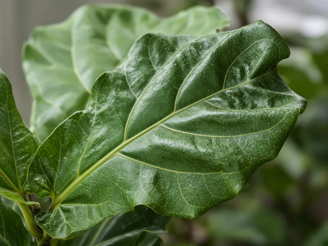 Close-up of distorted leaves on Fiddle Leaf Fig showing puckered rippled violin-shaped blade at the apex bud