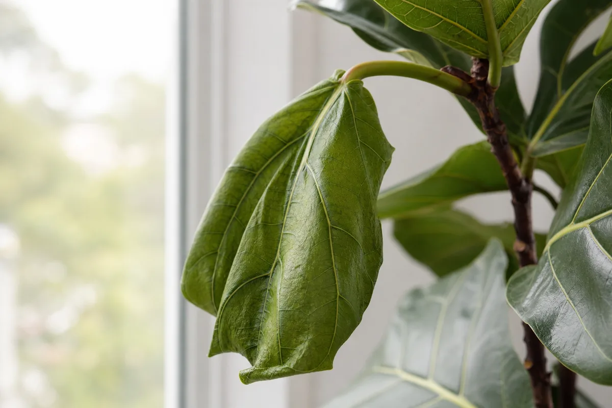 Close-up of Drooping Leaves on Fiddle Leaf Fig - diagnostic detail