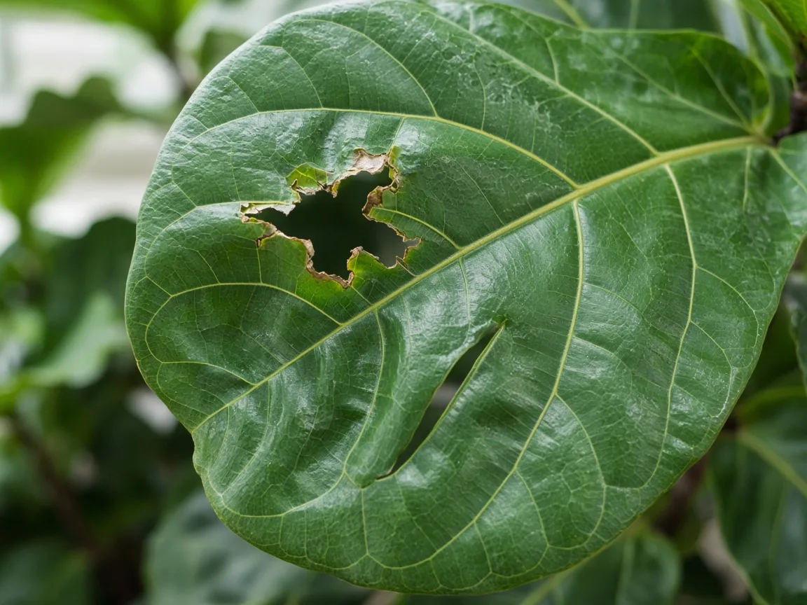 Close-up of holes in leaves on Fiddle Leaf Fig - irregular tears and chew marks on large violin-shaped leaf with raised midrib