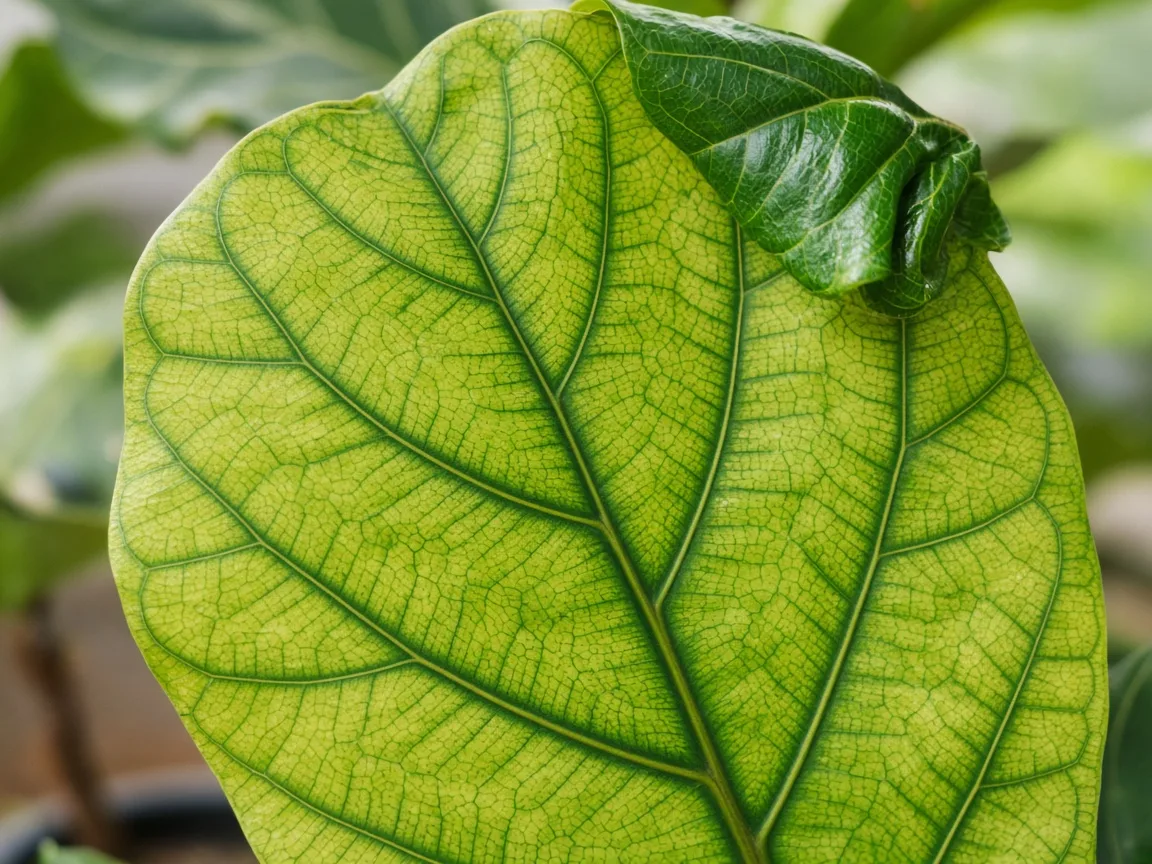 Close-up of interveinal chlorosis on new fiddle leaf fig violin leaf at apex crown