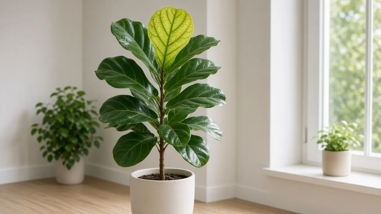 Iron deficiency on fiddle leaf fig - pale new violin leaf with green veins at apex crown