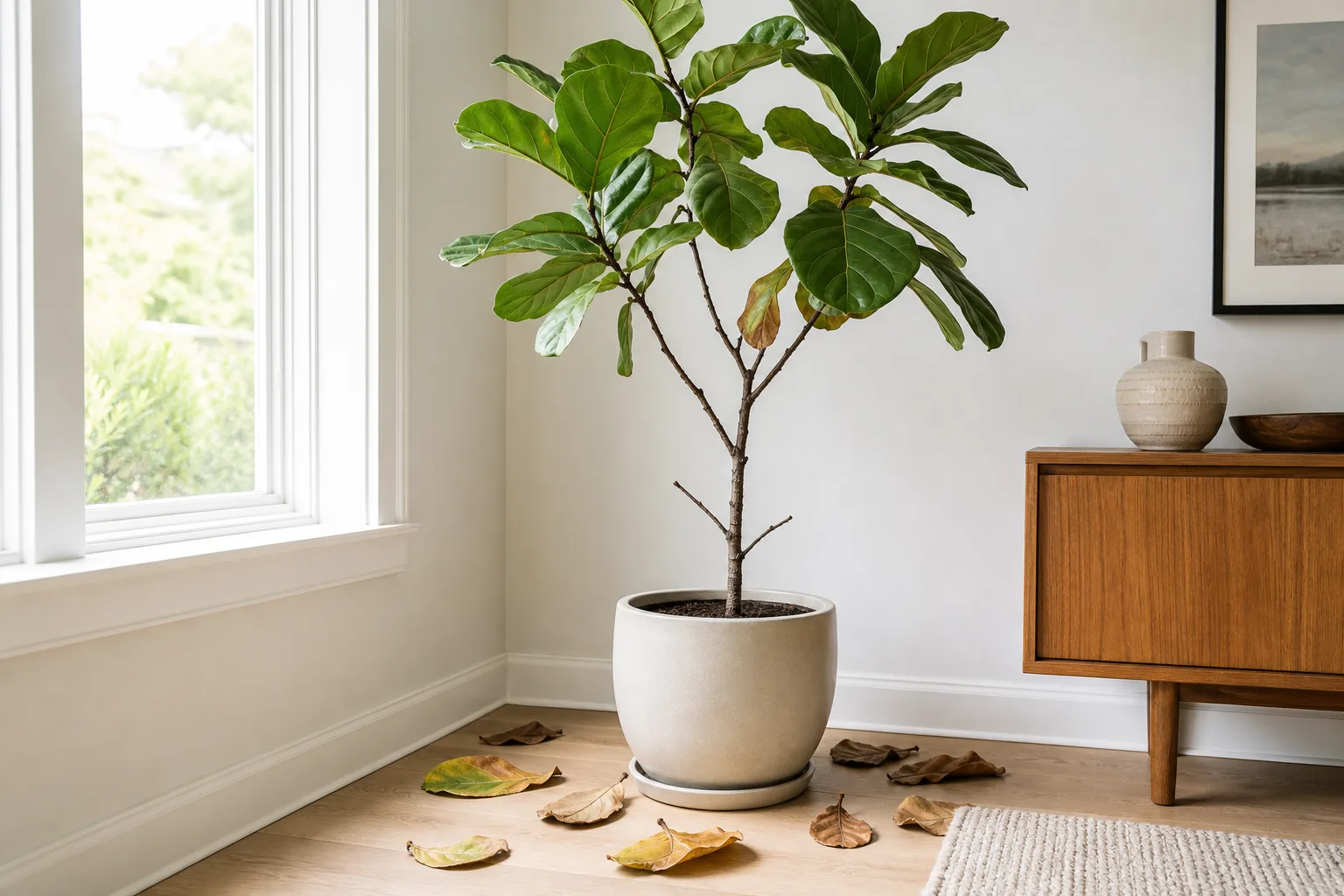 Leaf Drop on Fiddle Leaf Fig - visible symptom on the plant