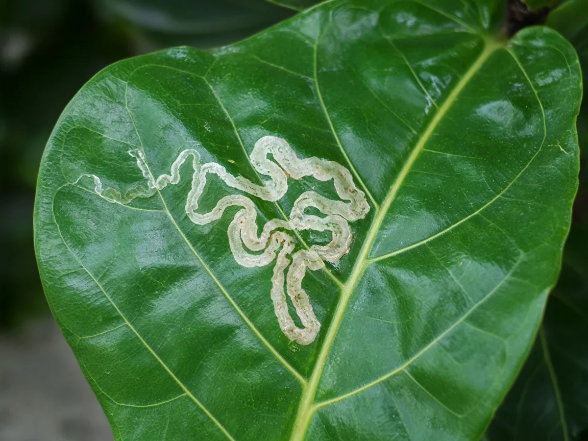 Close-up of leaf miner damage on fiddle leaf fig - pale serpentine tunnel inside violin-shaped leaf with dark frass line visible when backlit