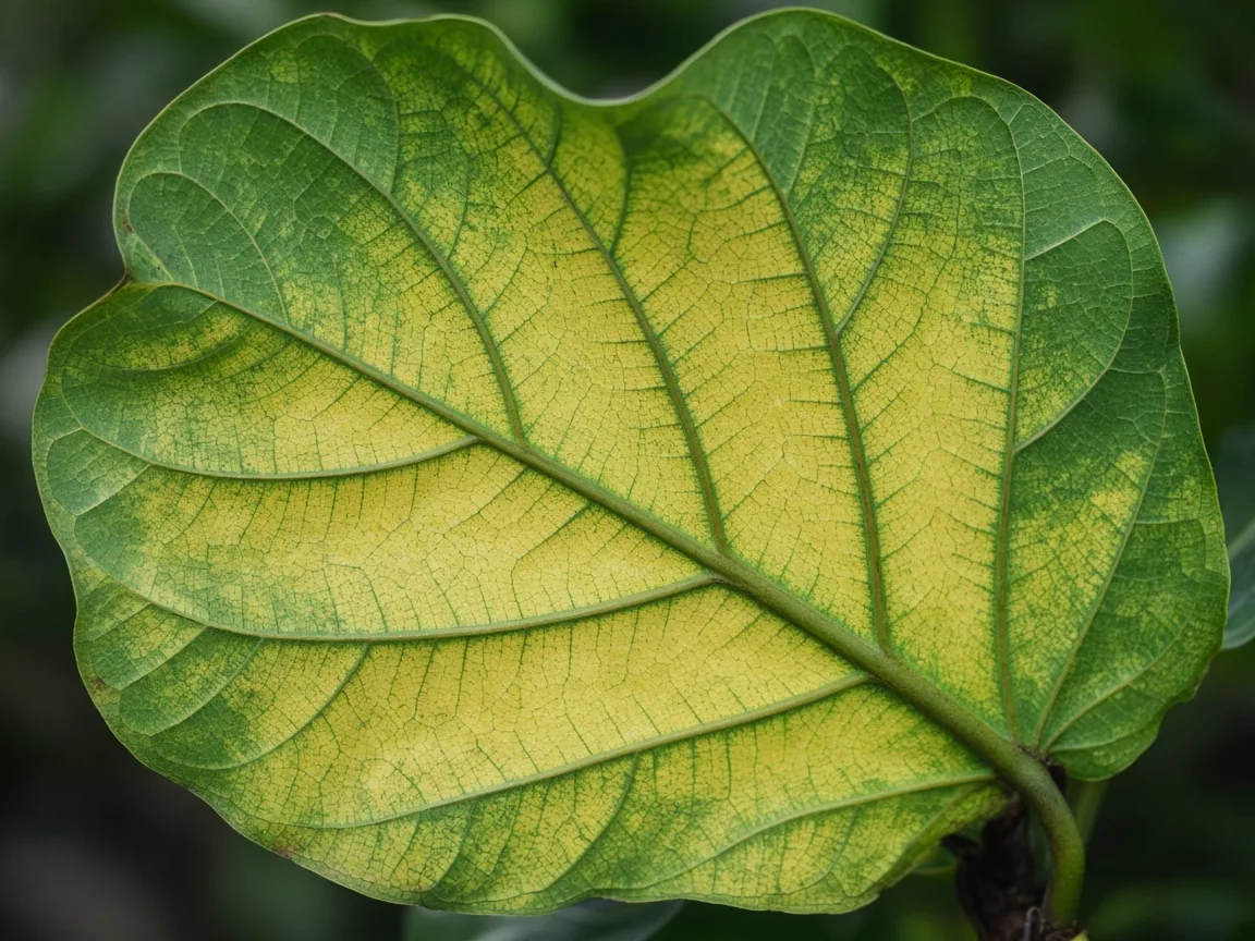 Close-up of magnesium deficiency on fiddle leaf fig - interveinal chlorosis on older violin leaf