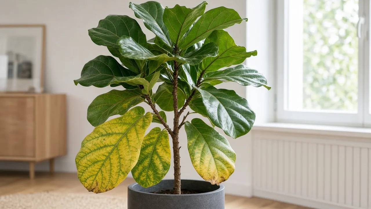 Magnesium deficiency on fiddle leaf fig - yellow tissue between green veins on older violin leaf