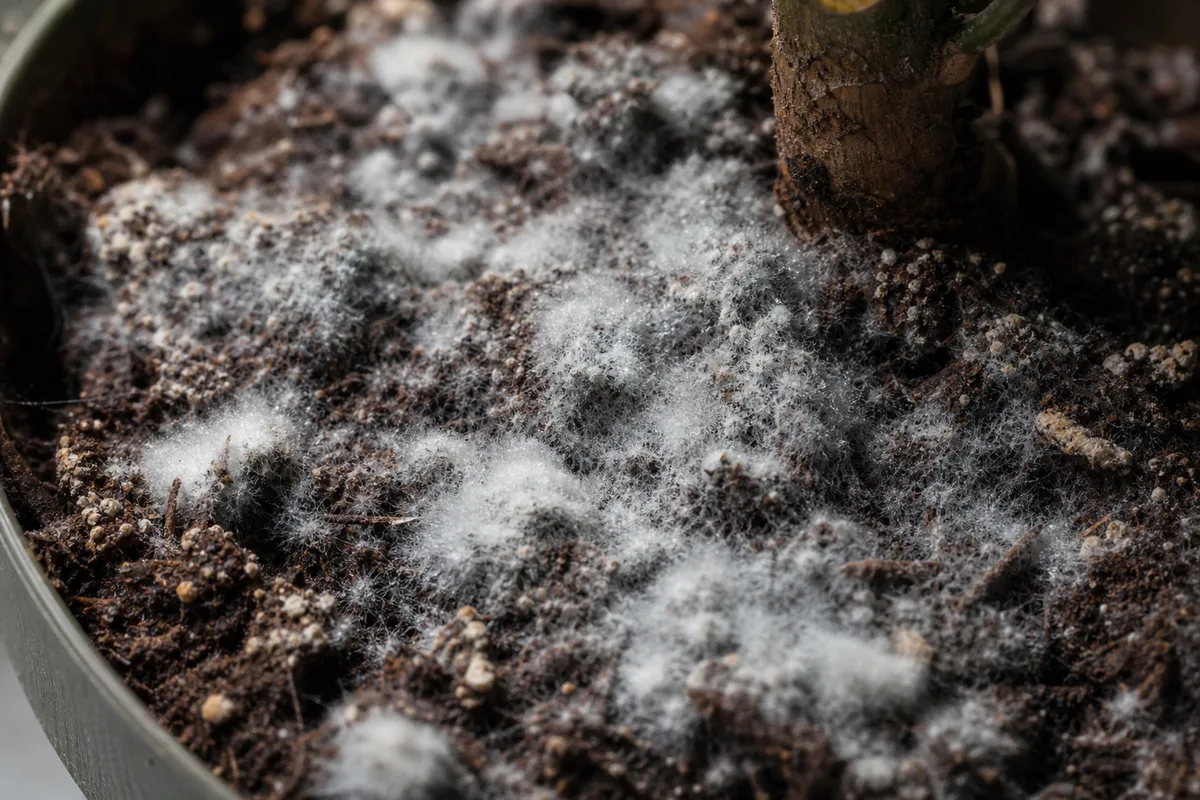 Close-up of Mold on Soil on Fiddle Leaf Fig - diagnostic detail