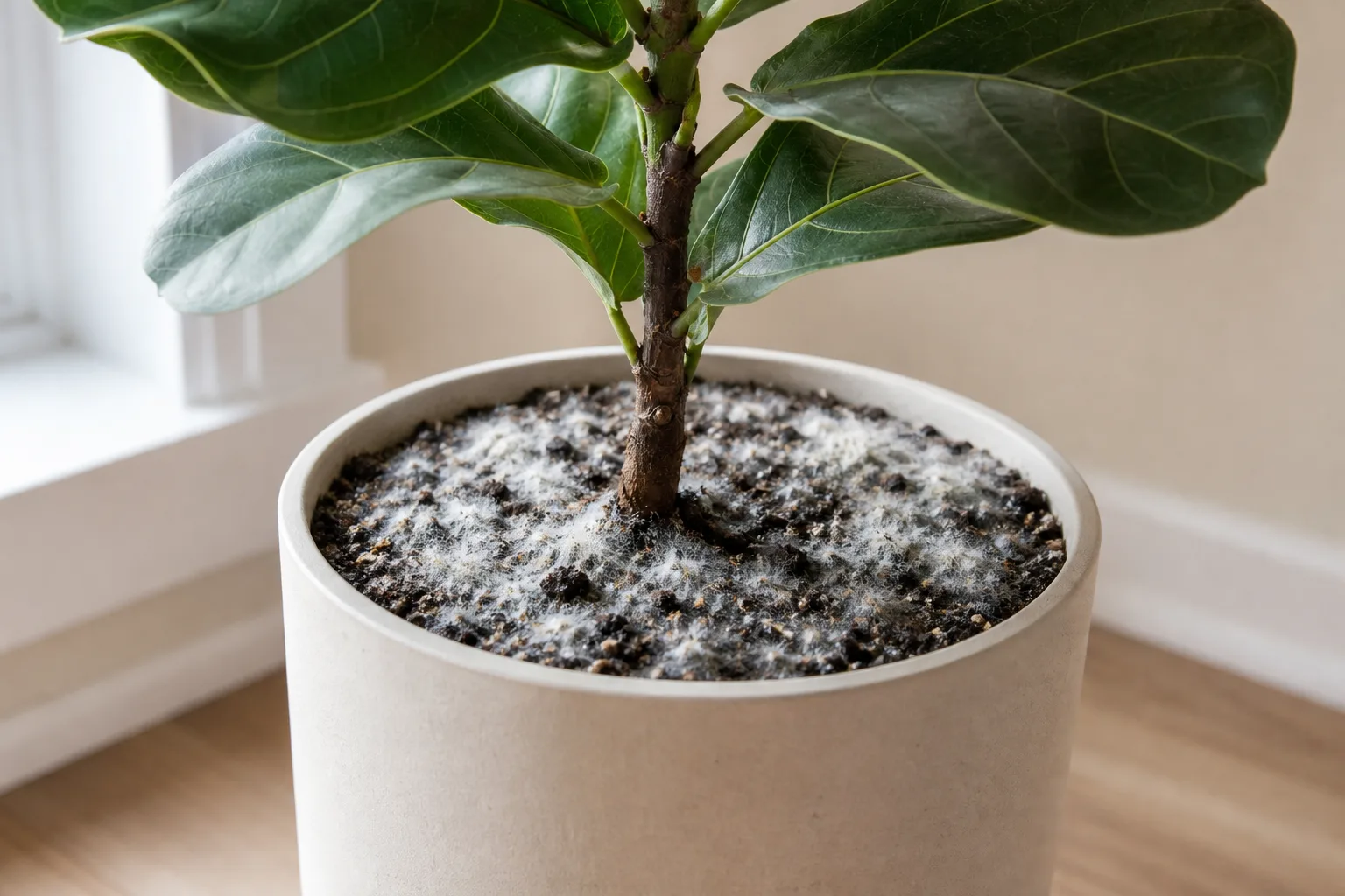 Mold on Soil on Fiddle Leaf Fig - visible symptom on the plant