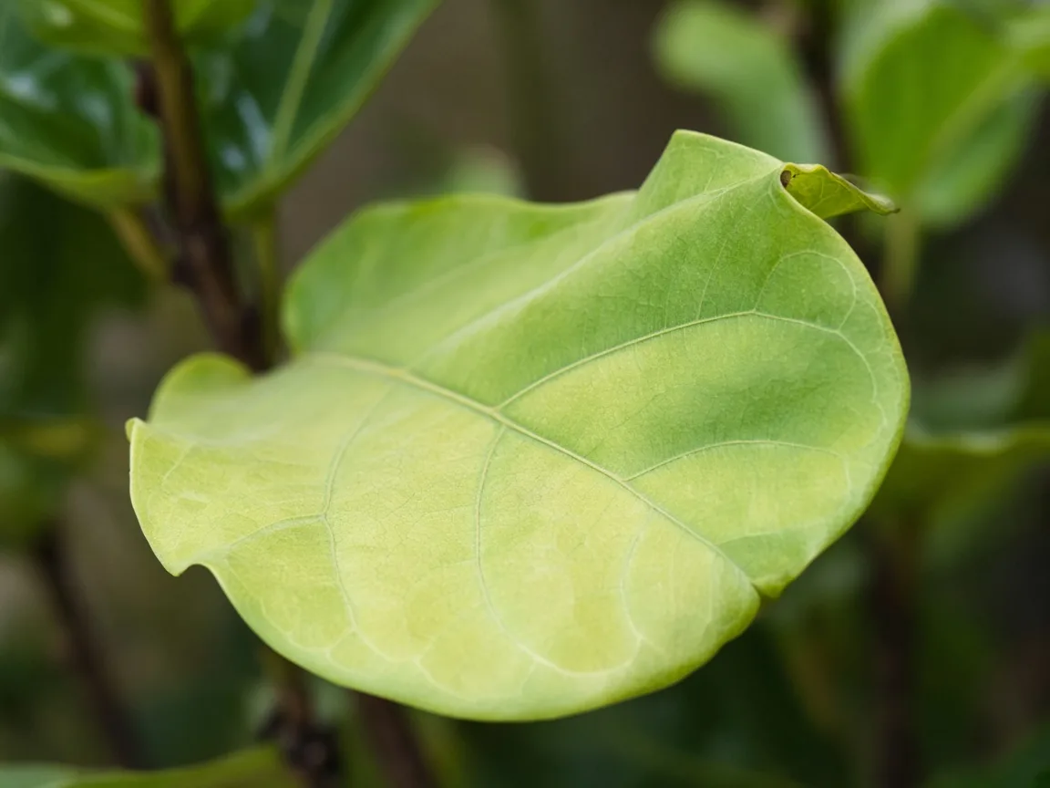 Close-up of nitrogen deficiency on fiddle leaf fig - diagnostic detail