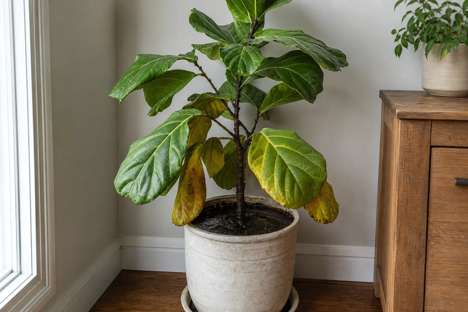 Overwatering on Fiddle Leaf Fig - visible symptom on the plant