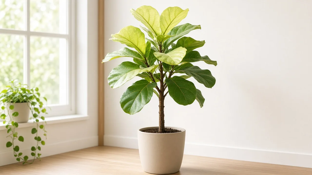 Fiddle-leaf fig with pale leaves beside a bright window