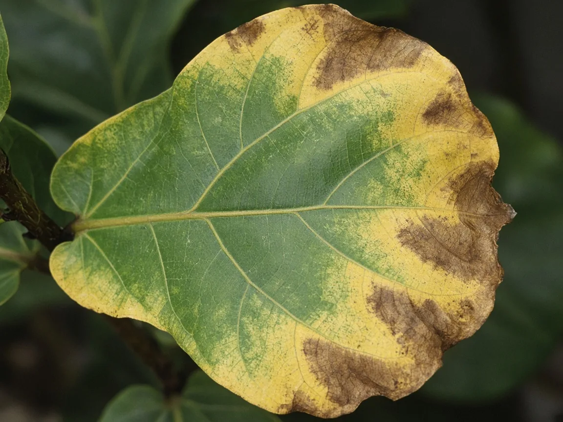 Close-up of potassium deficiency on fiddle leaf fig - scorched brown margins on violin leaf edge