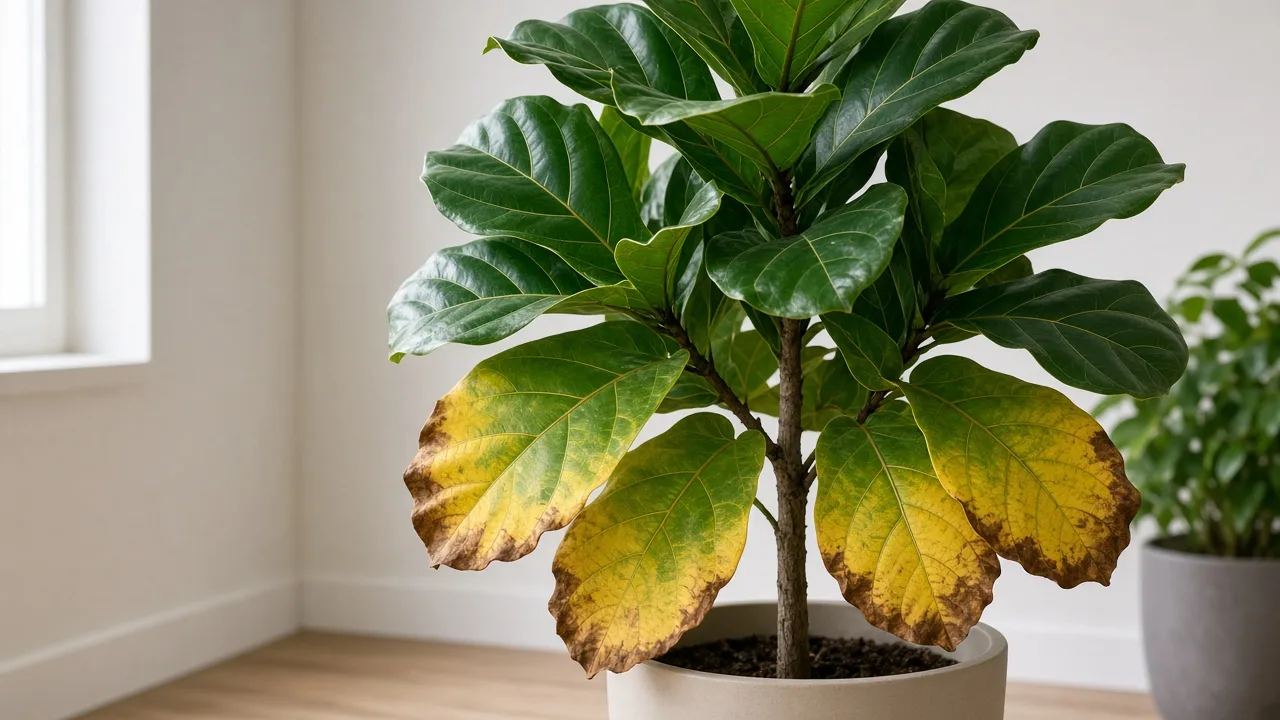 Potassium deficiency on fiddle leaf fig - brown scorched margins on older violin-shaped leaves